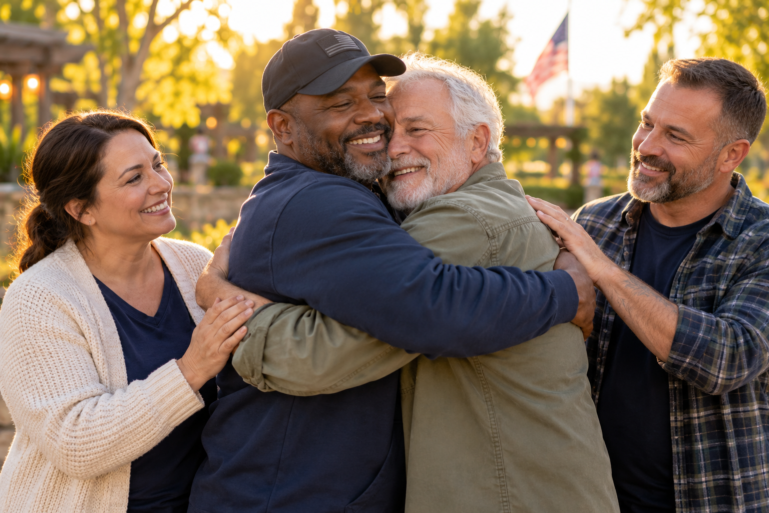 Illustrative image of four veterans sharing an embrace and a moment of camaraderie